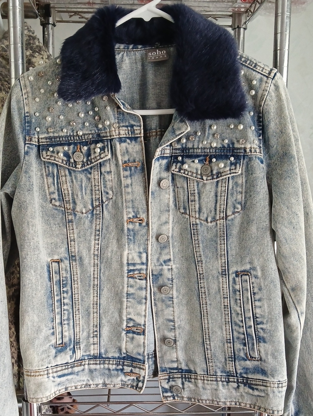 Soho Light Wash Denim Jacket with Navy Faux Fur Collar and Pearl Studs